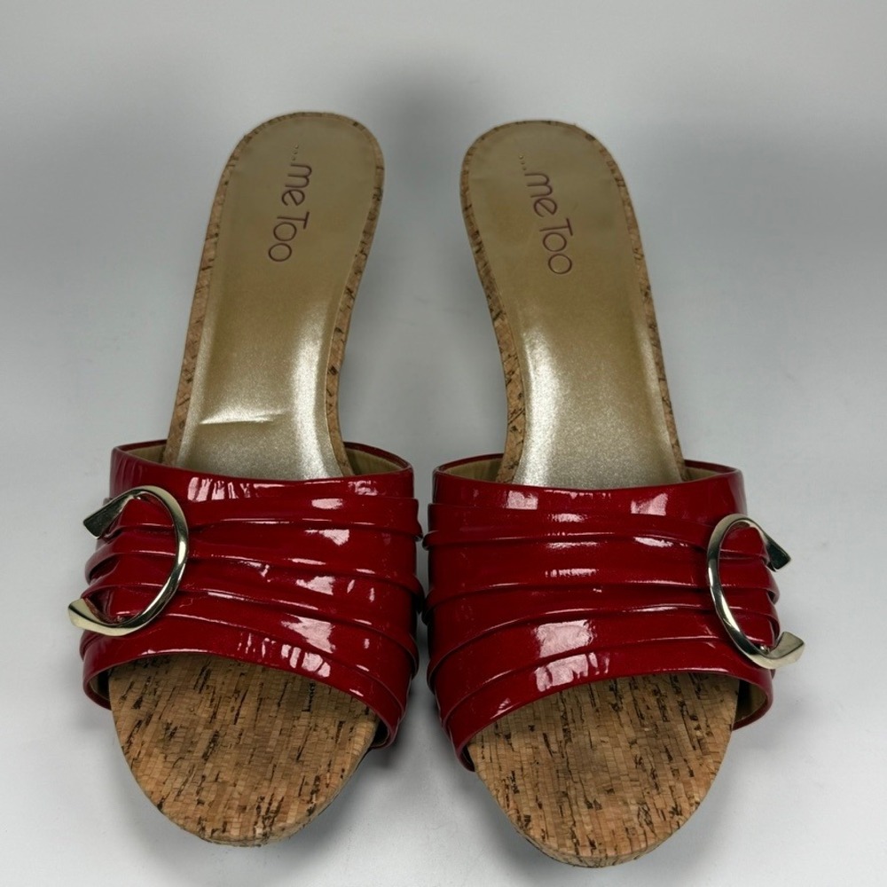 Me Too Women 9 Persil Red Patent Leather Cork Kitten Heel Mule Sandals y2k retro - Picture 2 of 9